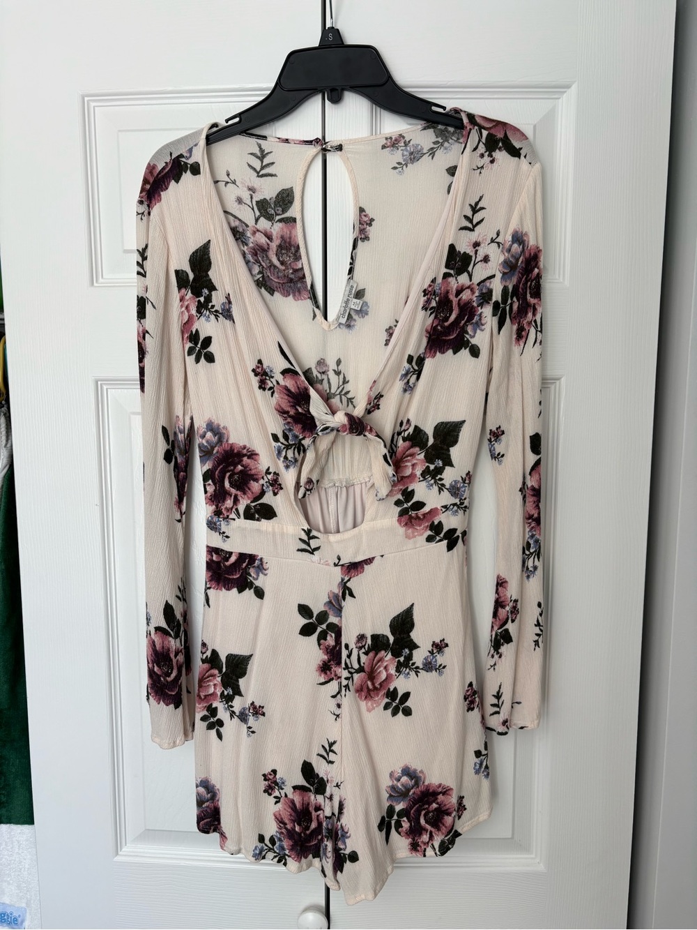 Charlotte Russe Cream Long-Sleeve Floral Romper with Pink and Purple Roses